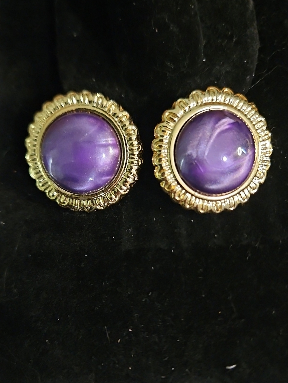 Gold-Tone Purple Round Cabochon Earrings